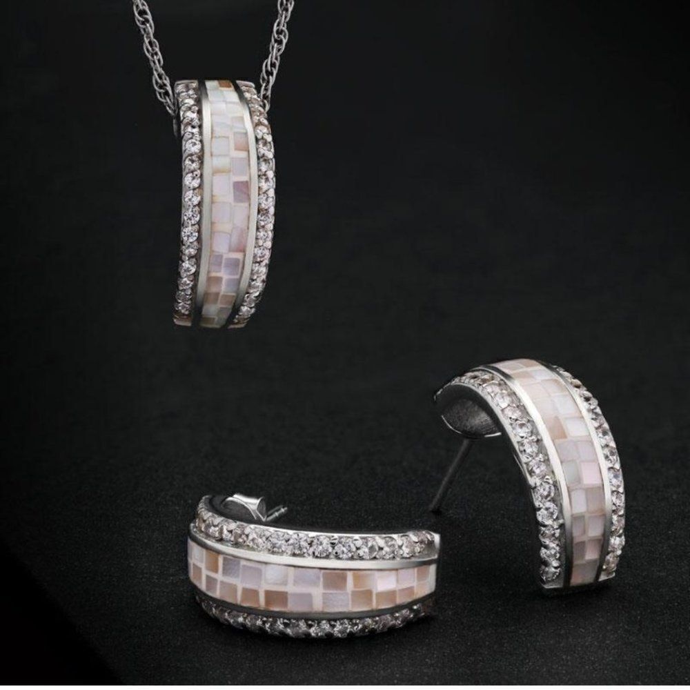 Stauer Mother of Pearl Mosaic Set Necklace Earrings and Ring
